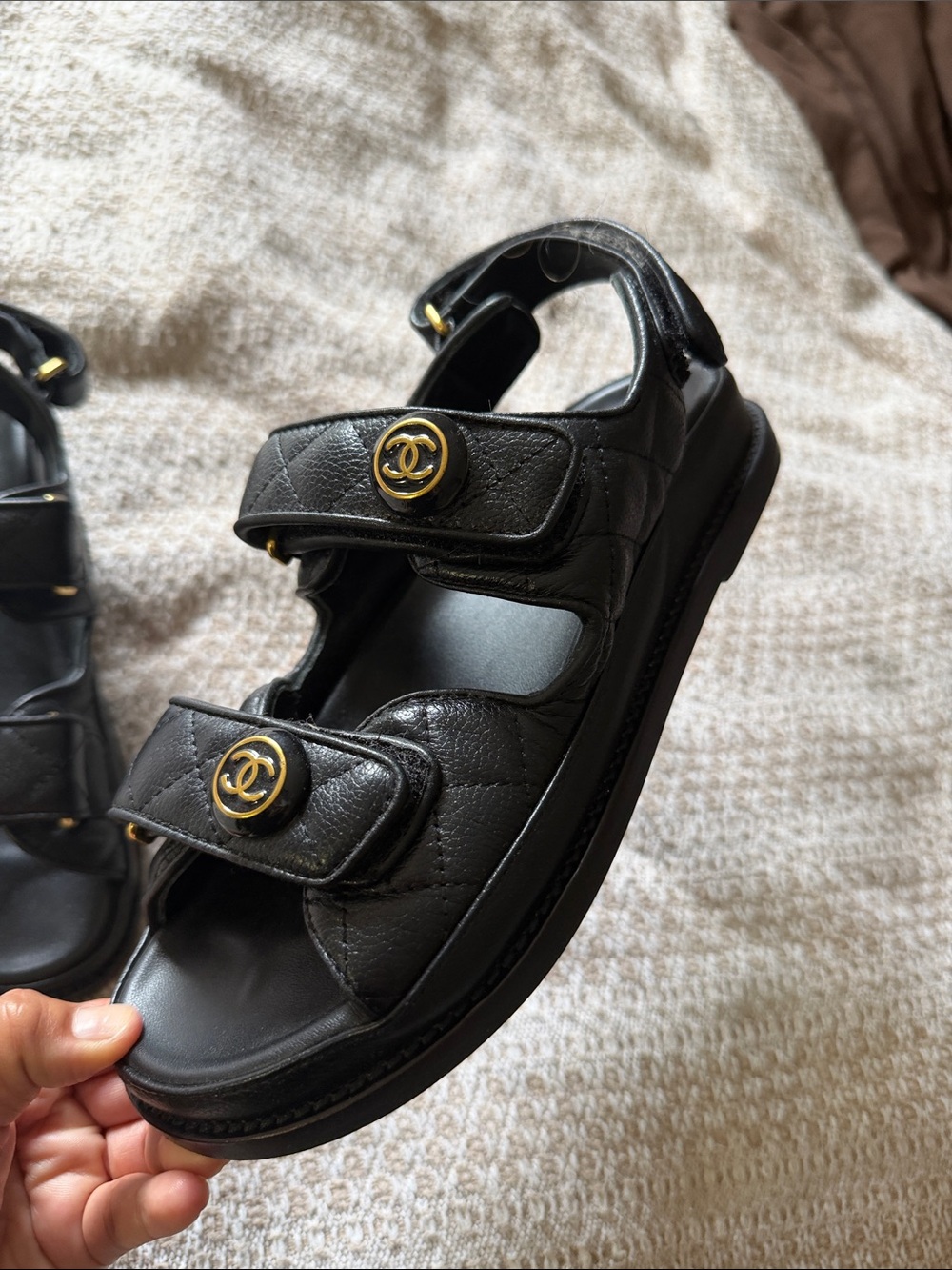 CHANEL Black Quilted Leather Velcro Logo Sandals with Gold CC - Picture 2 of 6